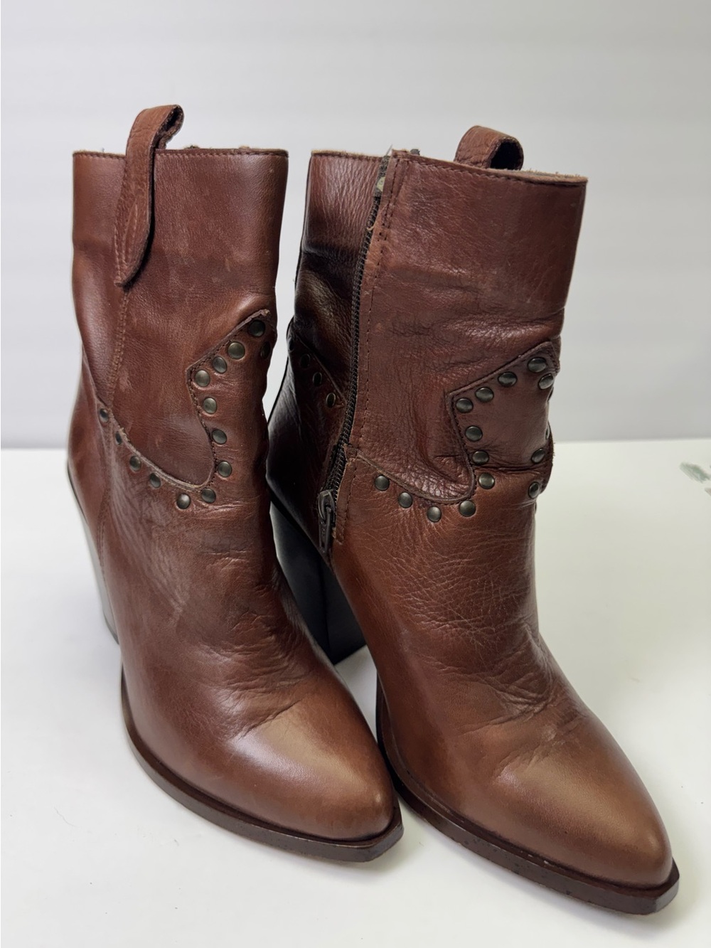 Gillio Genuine Leather Studded Cowboy Boots Brown Western Booties Size 7.5